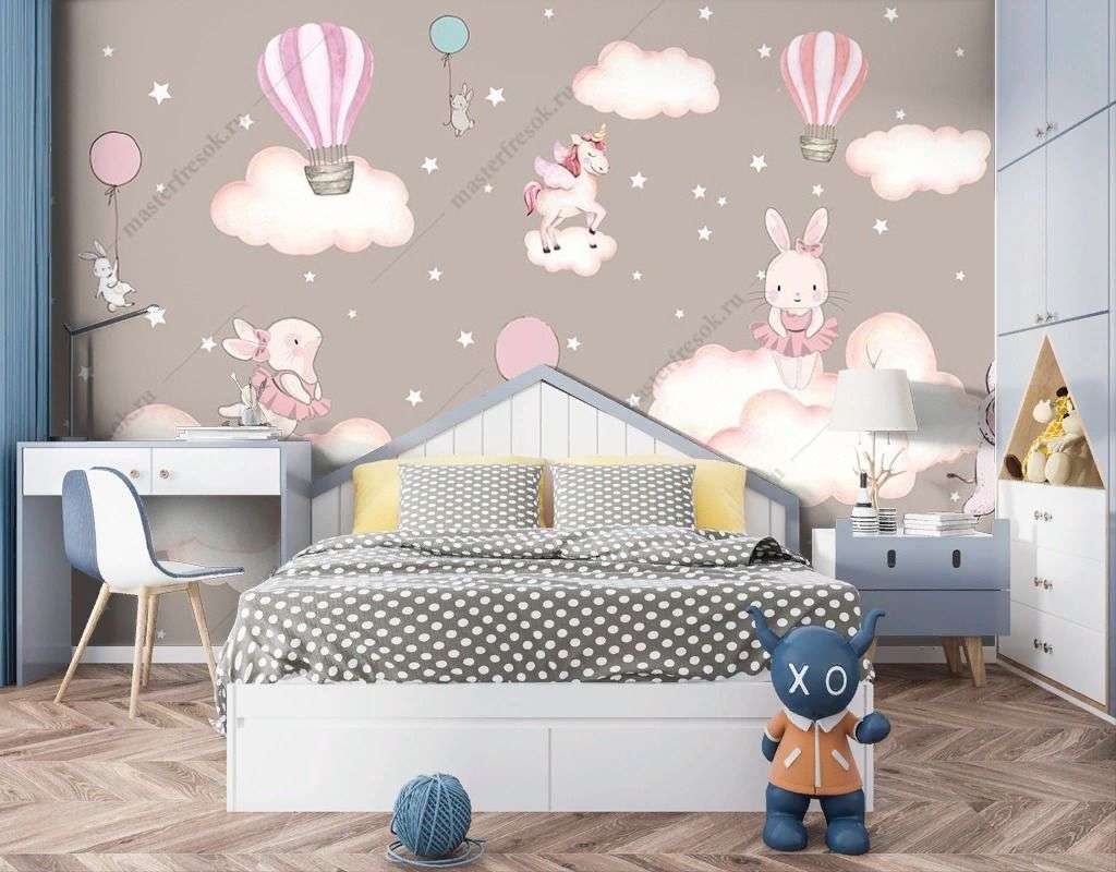 Фотообои в интерьере зайчики на облаках  12-1492 фото