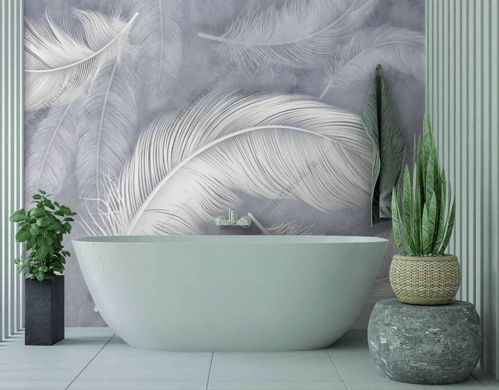 Фотообои в интерьере перышки на сером фоне  14-367 фото
