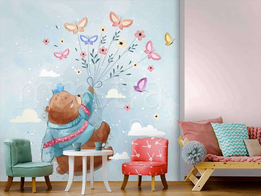 Фотообои в интерьере мишка с бабочками  12-471 фото