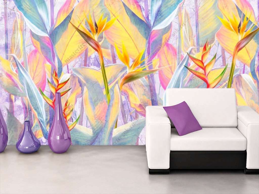 Фотообои Бесшовные обои на стену:  Разноцветные тропические листья. Артикул: 9-1474  