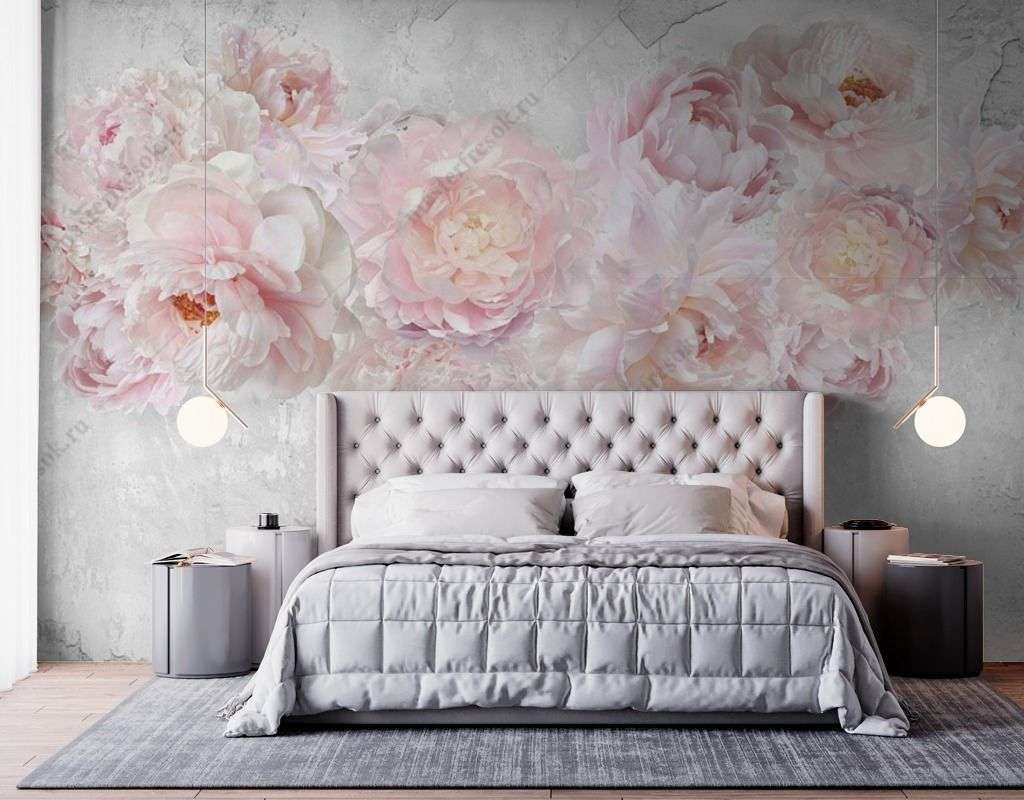Фотообои в интерьере пионы на мраморном фоне  14-369 фото