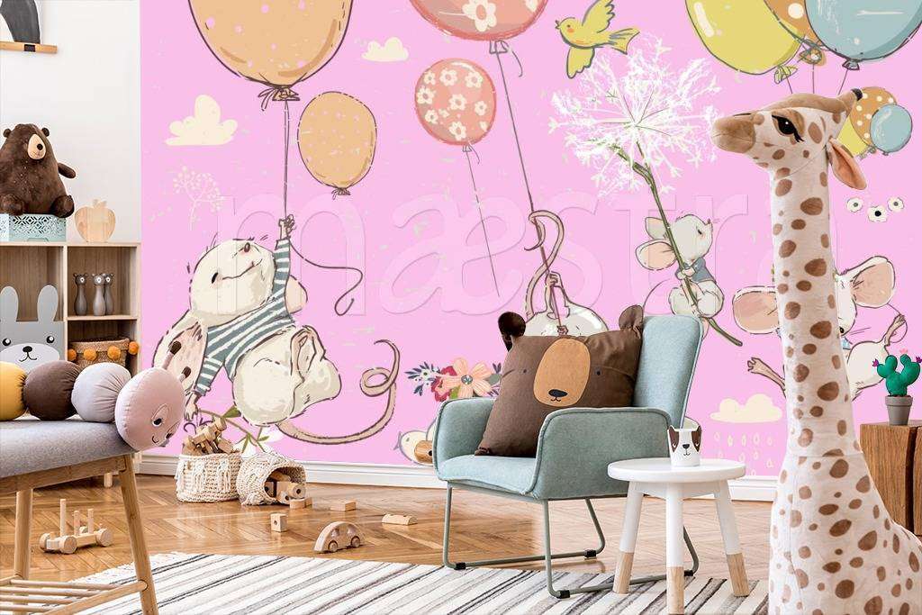 Фотообои в интерьере мыши на шарах на розовом фоне  12-338 фото