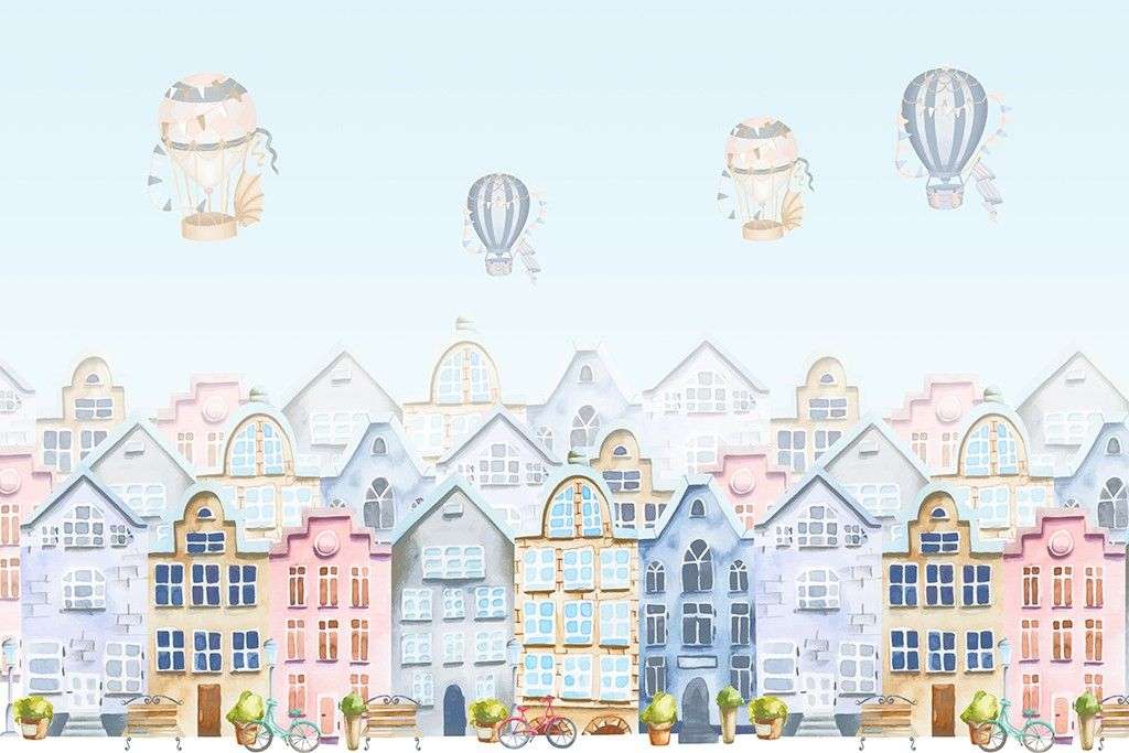 Фотообои в интерьере детские. домики акварельные и шарики   12-1609 фото