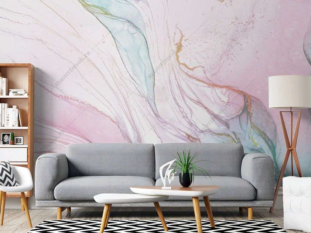 Фотообои в интерьере флюид арт легкий розовый с голубым   14-703 фото