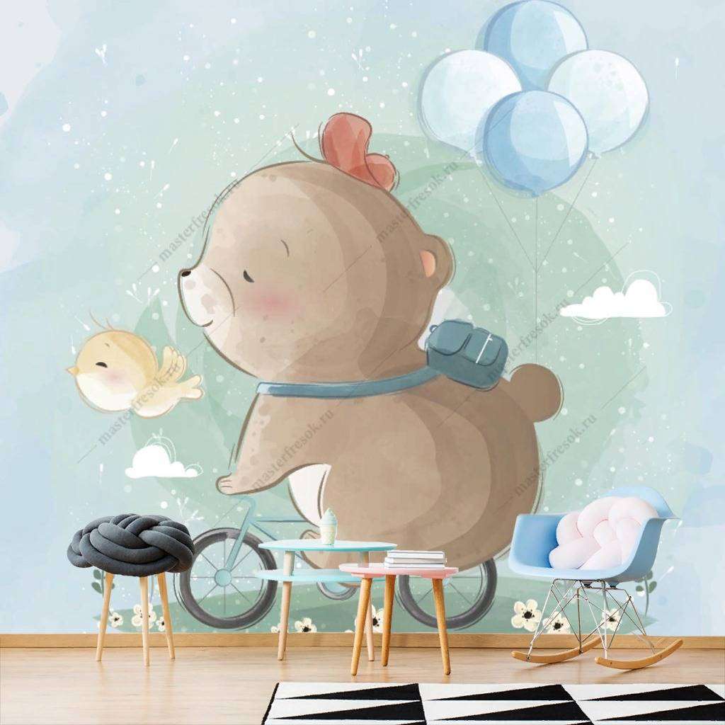 Фотообои в интерьере котенок на велосипеде  12-463 фото