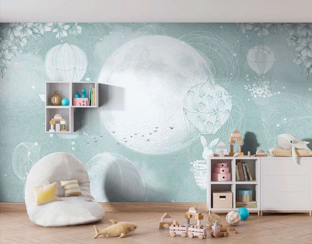 Фотообои в интерьере детские. зайки летят на шариках  12-1625 фото