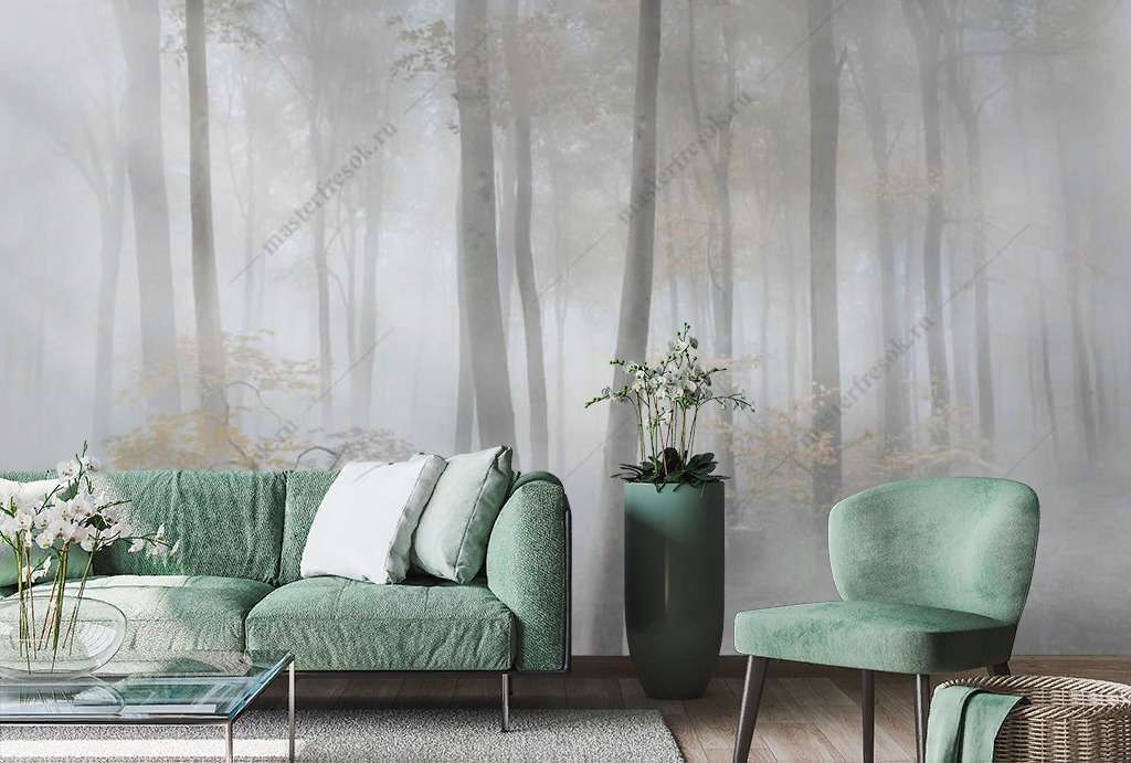 Фотообои Бесшовные обои на стену:  Зеленый лес в тумане. Артикул: 13-355  