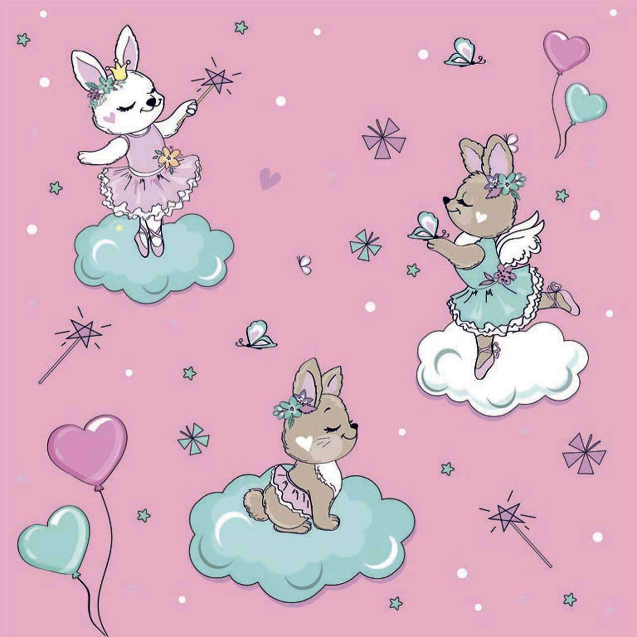 Фотообои в интерьере зверята на облаках на розовом фоне  12-419 фото