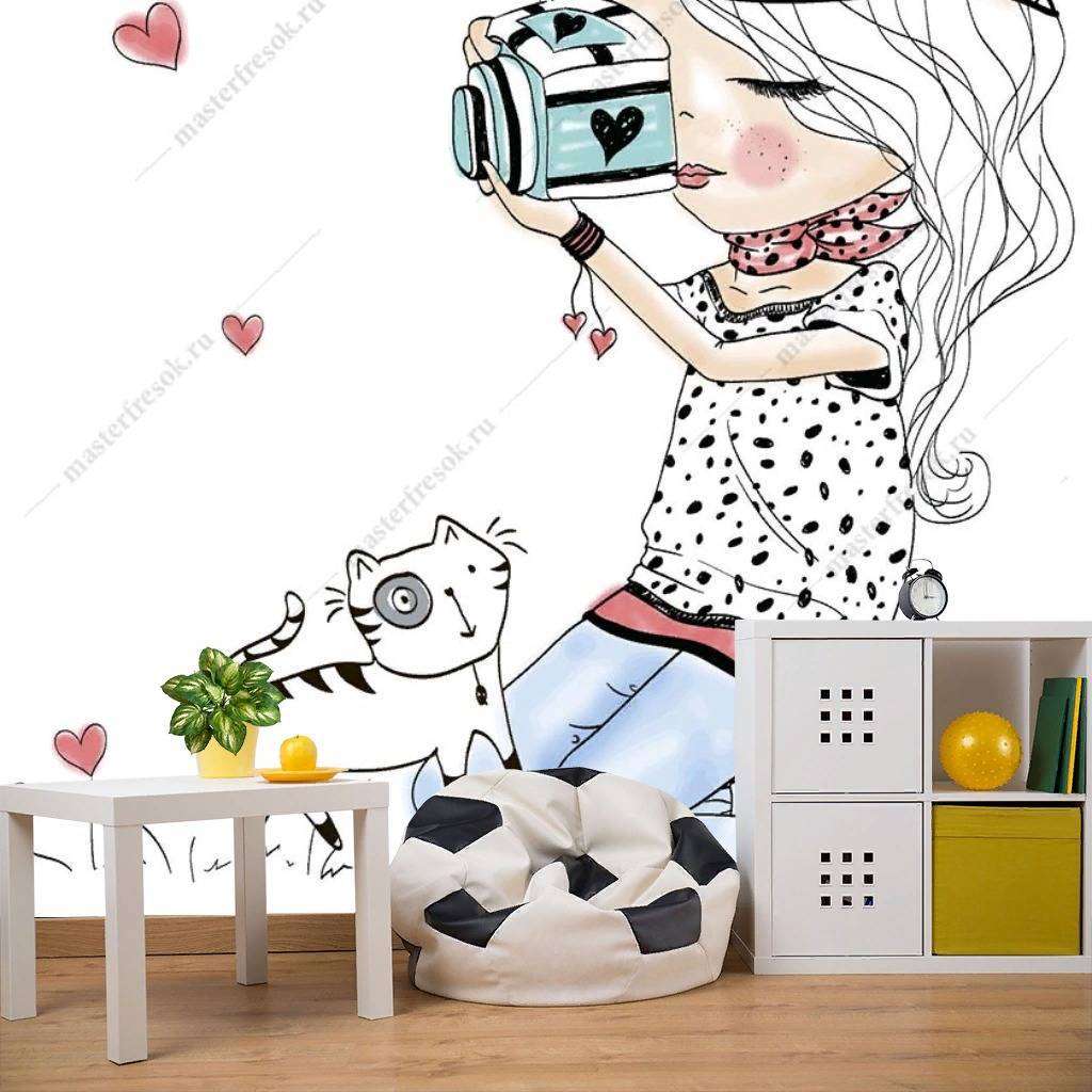 Фотообои в интерьере девочка с фотоаппаратом  12-1128 фото