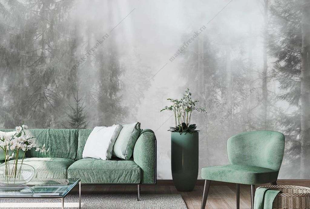 Фотообои в интерьере еловый туманный лес  13-351 фото