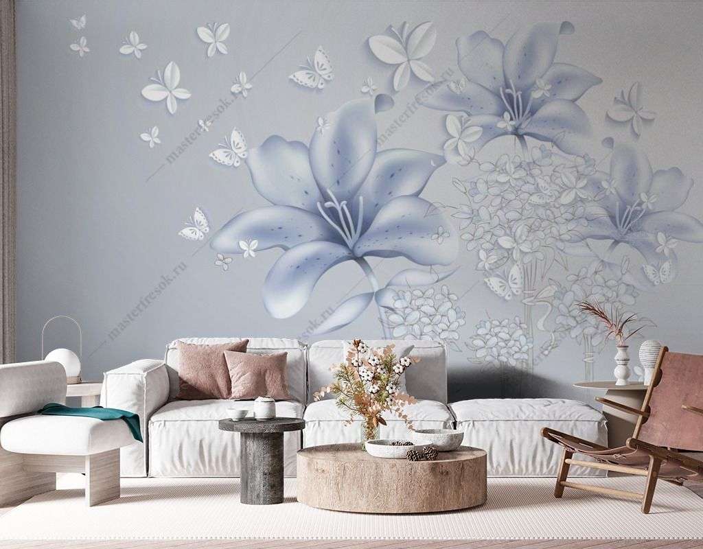 Фотообои в интерьере нежно-голубые лилии  14-429 фото