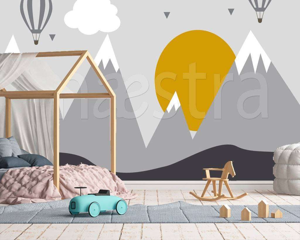 Фотообои в интерьере горы с оранжевым солнцем  12-442 фото