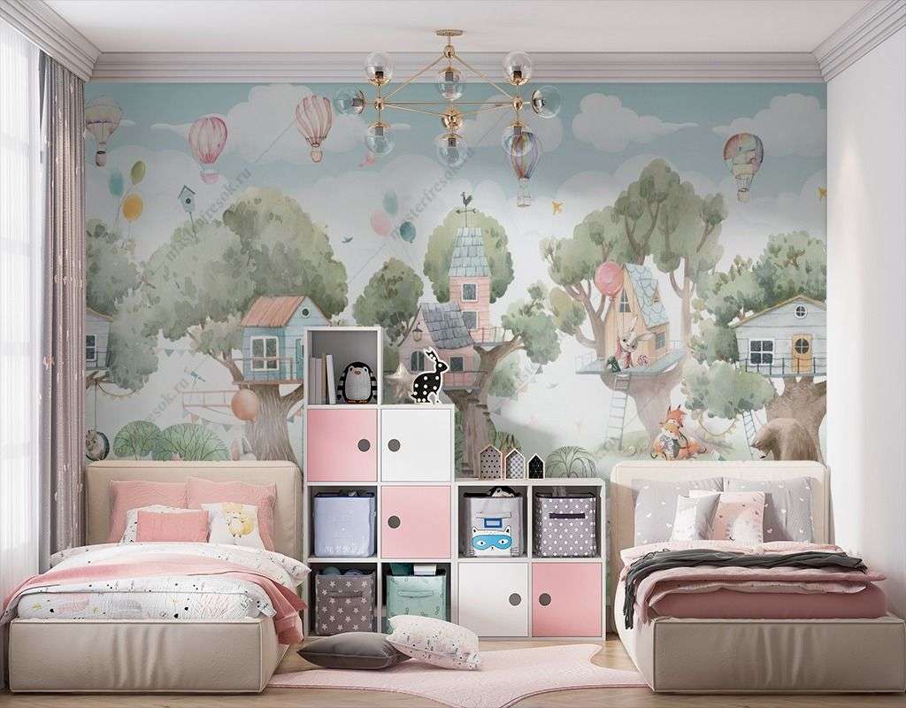 Фотообои в интерьере деревья и животные с домиками  14-371 фото