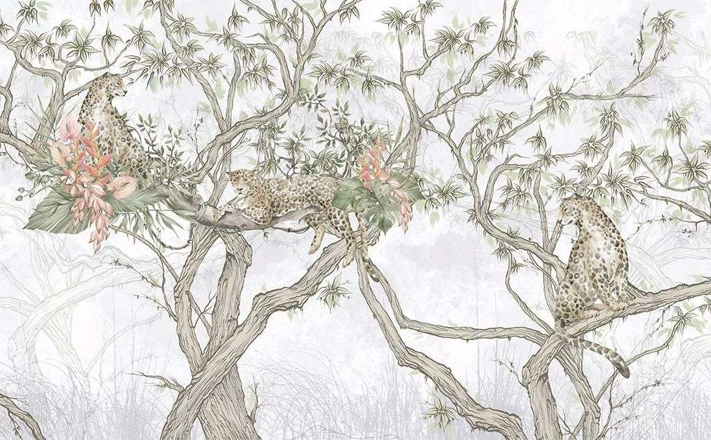 Фотообои в интерьере леопарды китайская живопись  14-448 фото