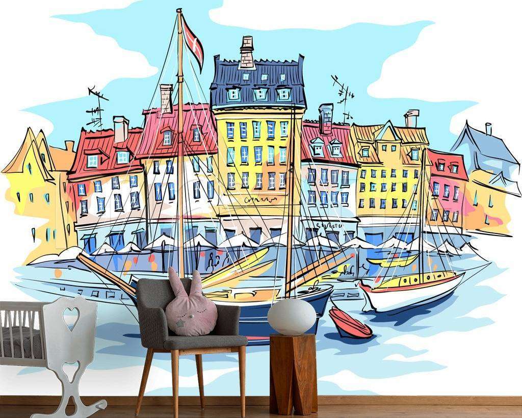 Фотообои в интерьере набережная с домиками графика  12-499 фото