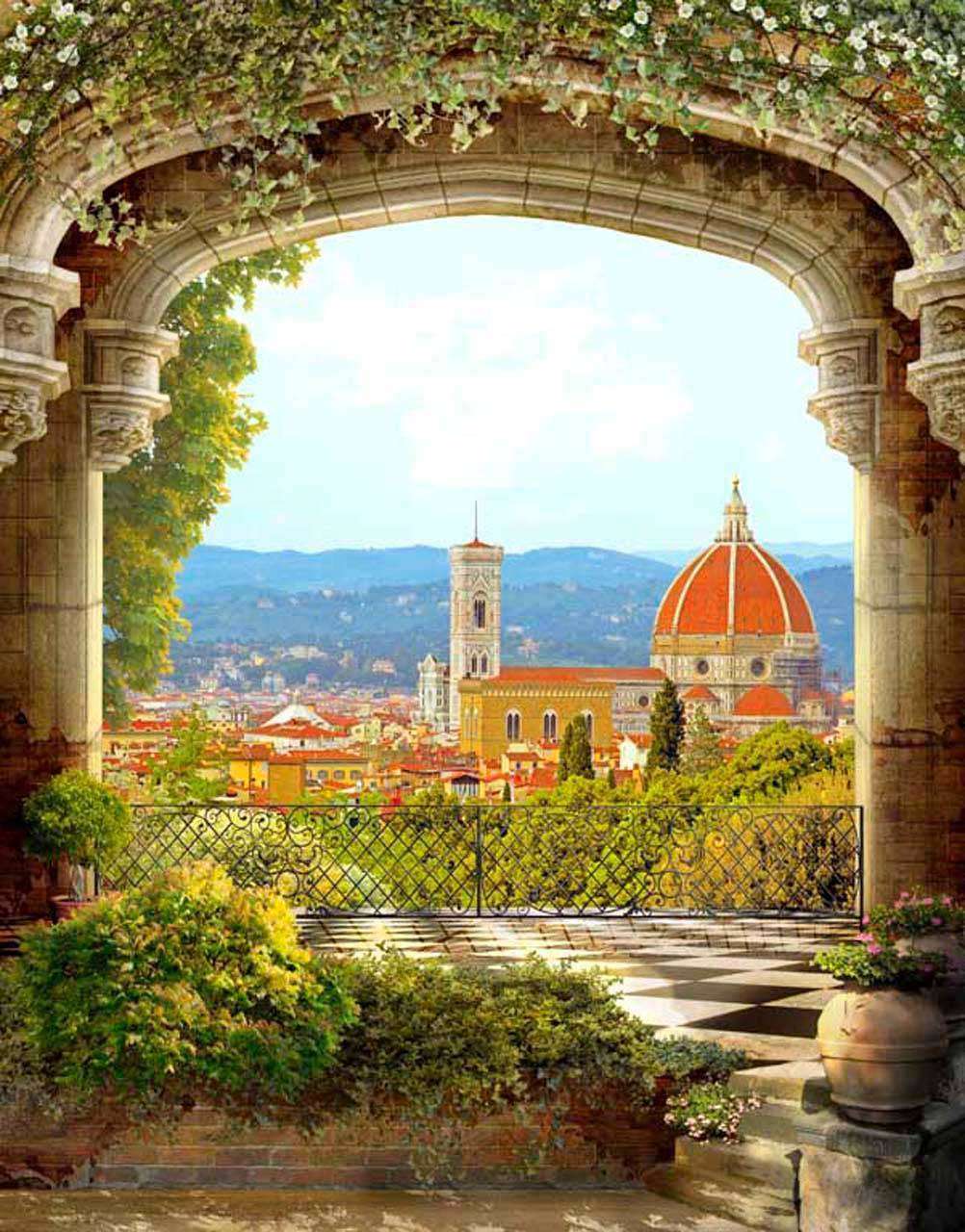 Фотообои в интерьере арочная терраса с выходом на город  11-055 фото