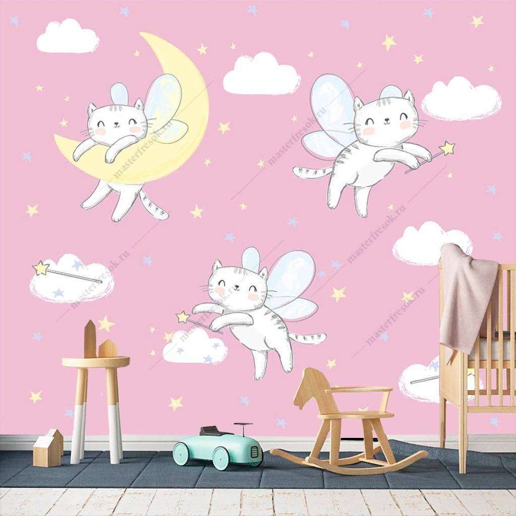 Фотообои в интерьере кошки-феи парят над облаками на розовом фоне  12-413 фото
