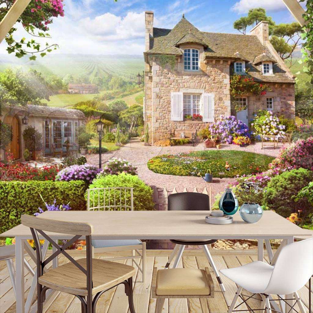 Фотообои в интерьере дворик с красивыми клумбами  11-160 фото