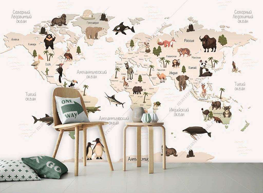 Фотообои в интерьере светлая карта мира  12-1151 фото
