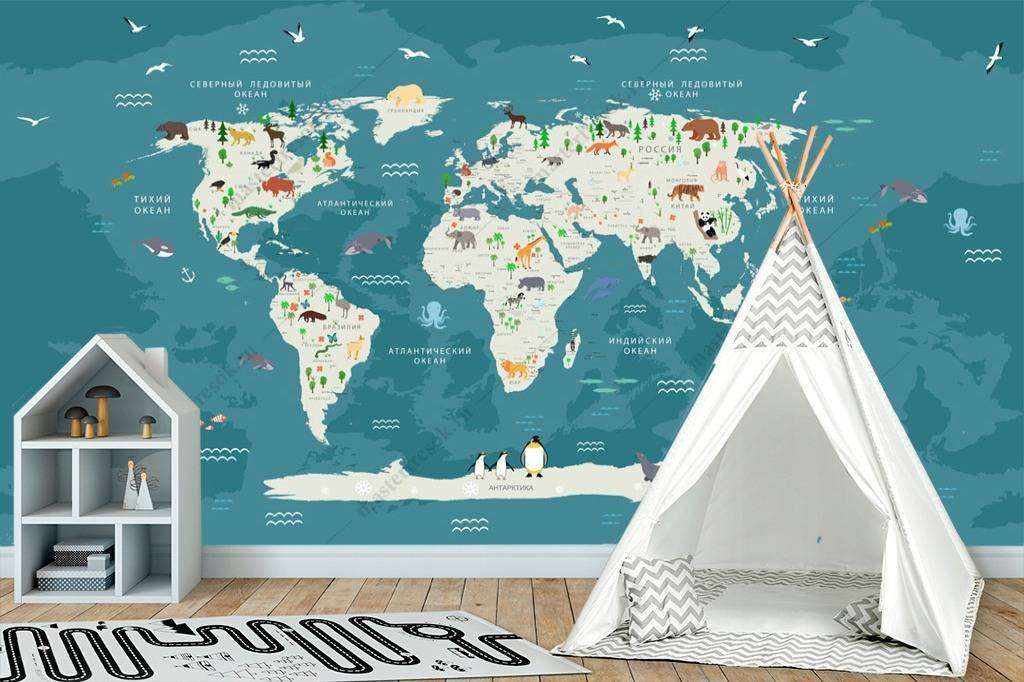 Фотообои в интерьере карта на русском на синем фоне  12-965 фото