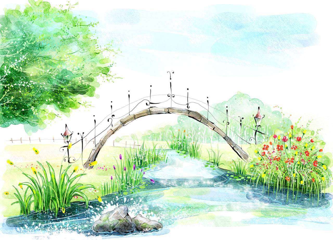 Фотообои в интерьере мост через пруд  12-315 фото