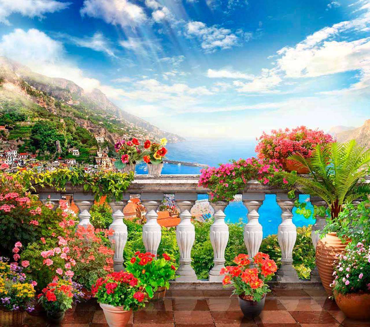 Фотообои в интерьере вид на набережную. и горы в солнечный день  11-114 фото