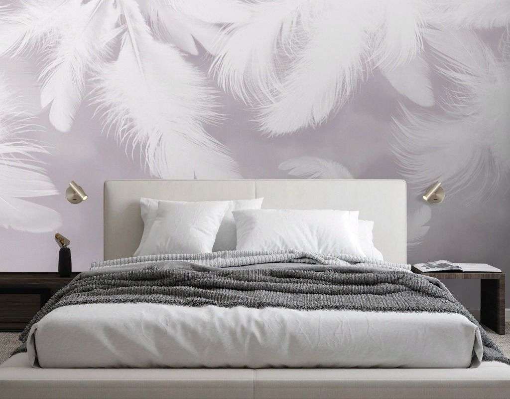 Фотообои в интерьере перья на пудровом фоне  14-796 фото