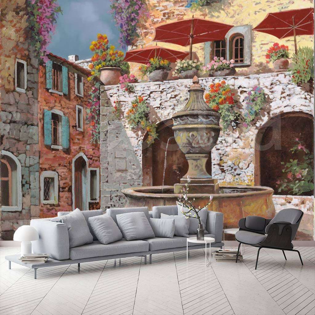 Фотообои в интерьере кафе у фонтана  8-016 фото