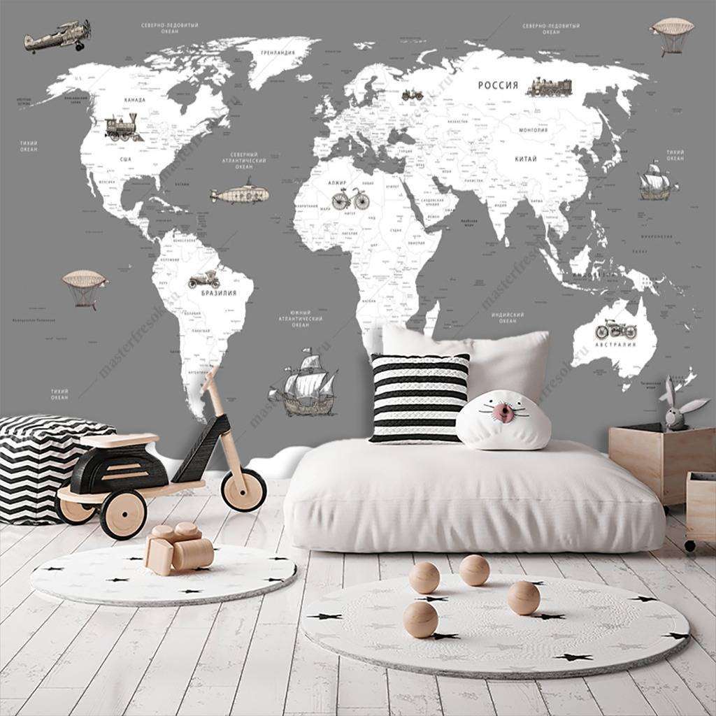 Фотообои в интерьере карта мира белая на сером фоне  12-988 фото