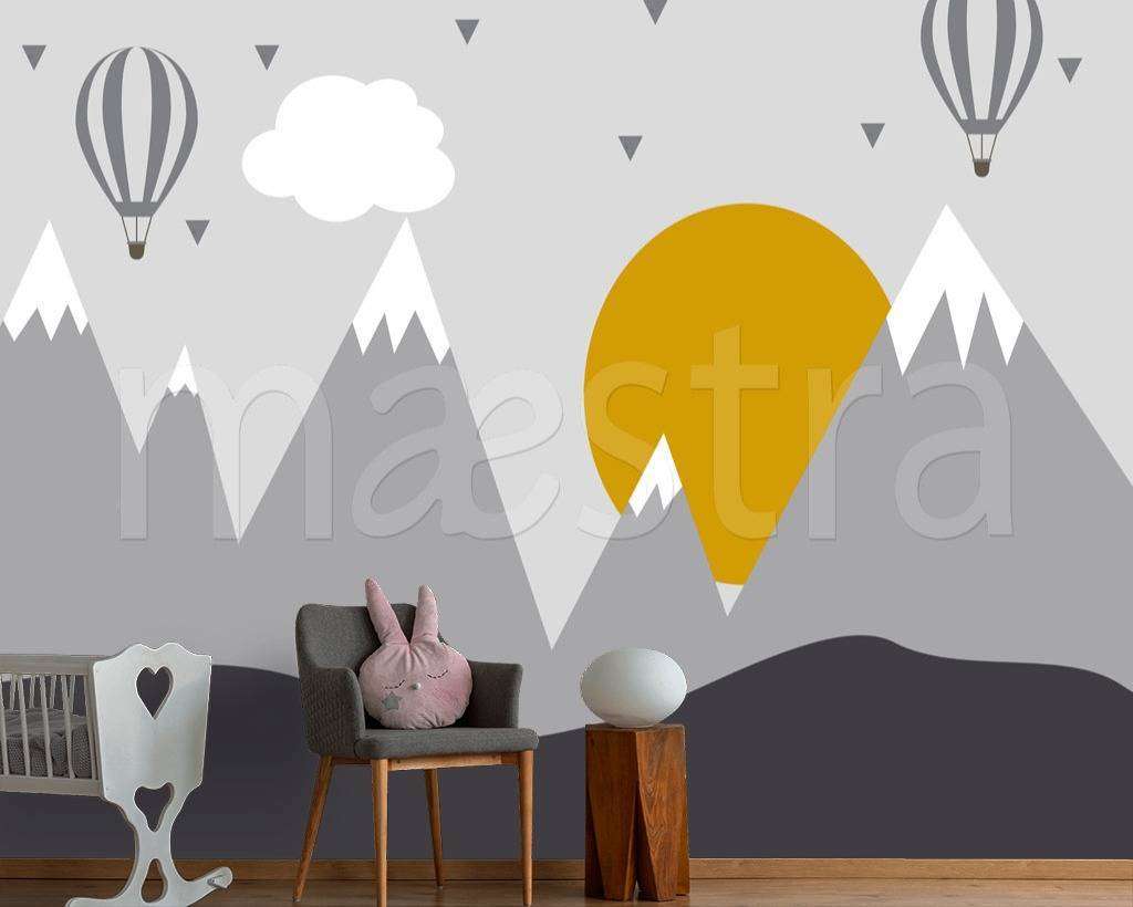 Фотообои в интерьере горы с оранжевым солнцем  12-442 фото