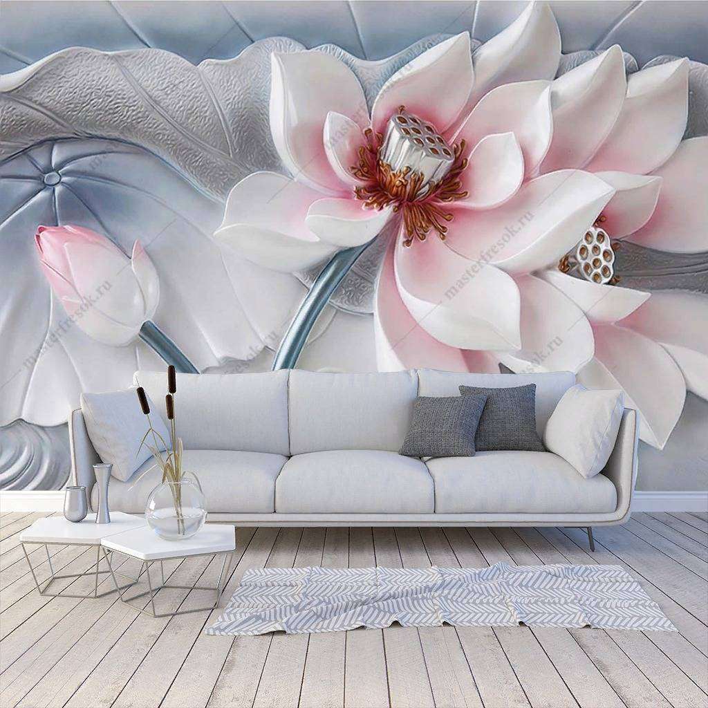 Фотообои в интерьере 3д объемный бело-розовый цветок  10-846 фото