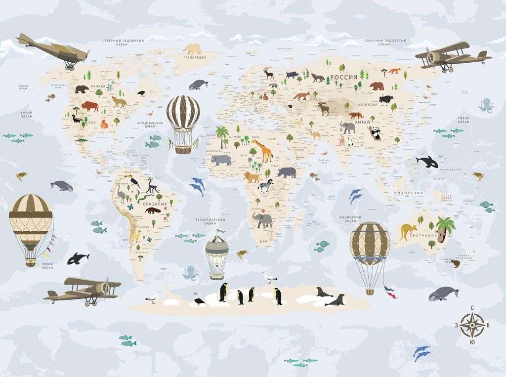 Фотообои в интерьере детская карта с животными  12-1319 фото