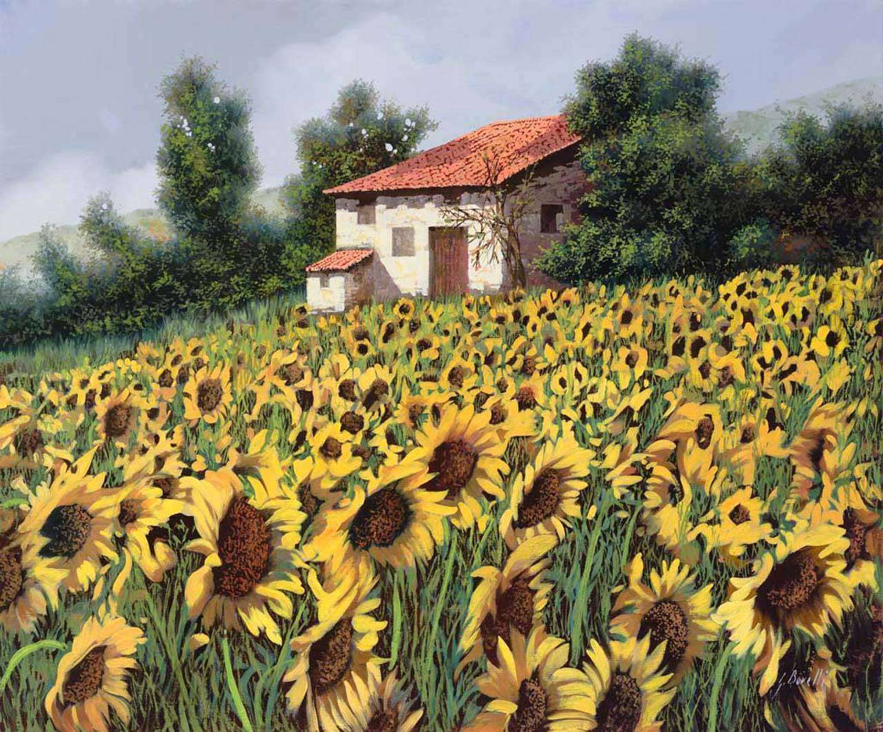 Фотообои в интерьере поле подсолнухов  8-120 фото