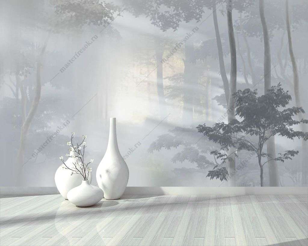 Фотообои в интерьере солнечный туманный лес  13-354 фото