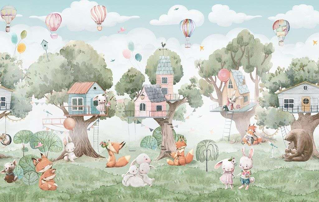 Фотообои в интерьере деревья и животные с домиками  14-371 фото