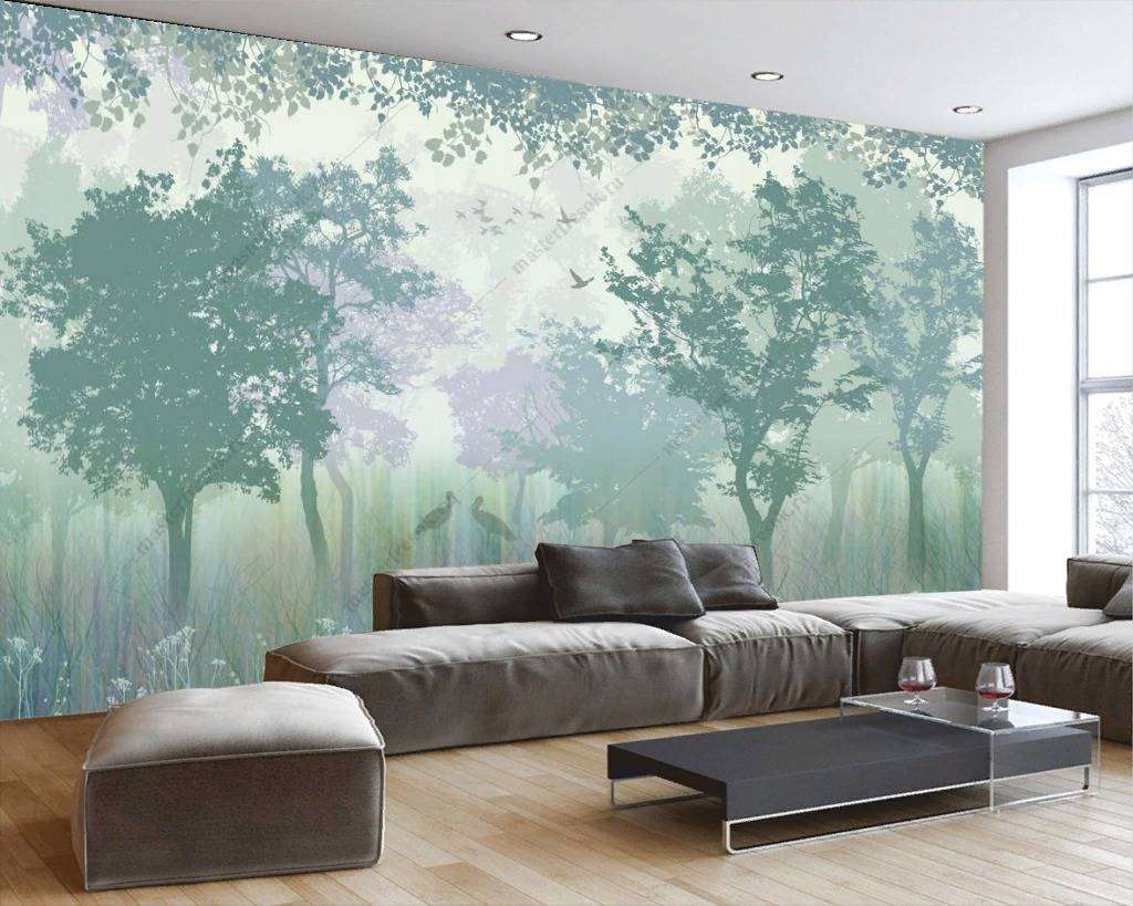 Фотообои в интерьере силуэты туманного леса  14-131 фото