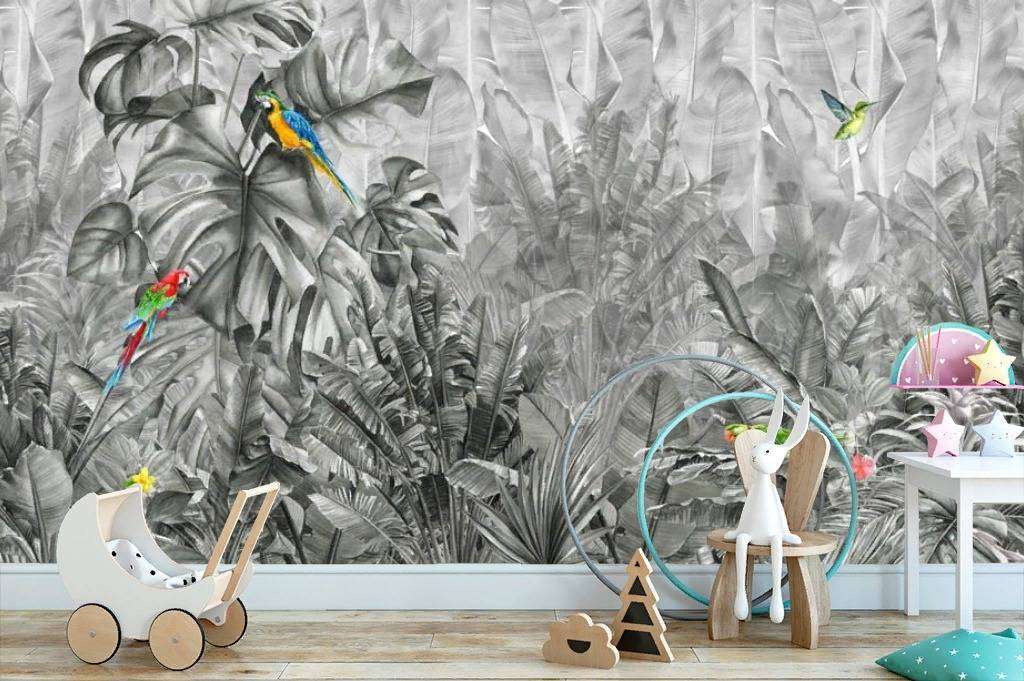 Фотообои в интерьере тропики в серых тонах  14-137 фото