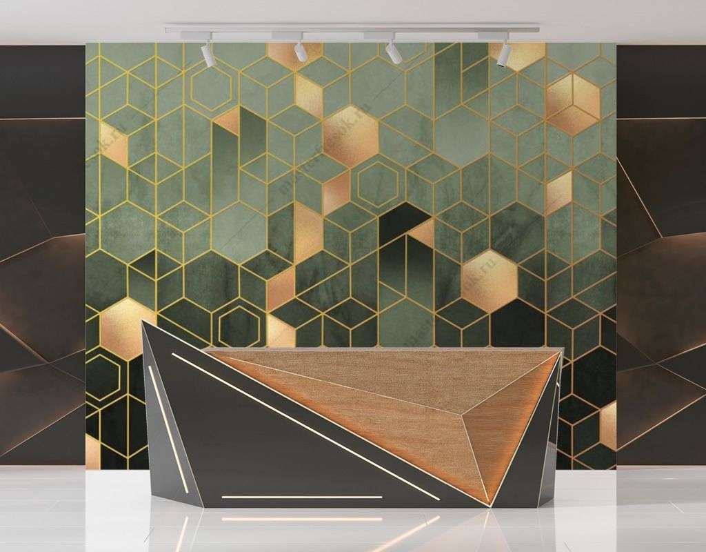 Фотообои в интерьере геометрия шестиугольники золотые  9-1511 фото