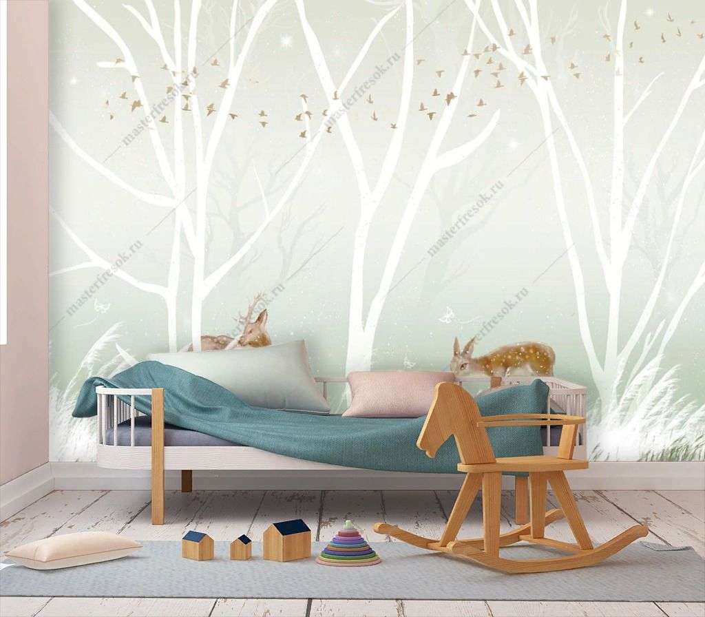 Фотообои в интерьере милые оленята в лесу  14-357 фото