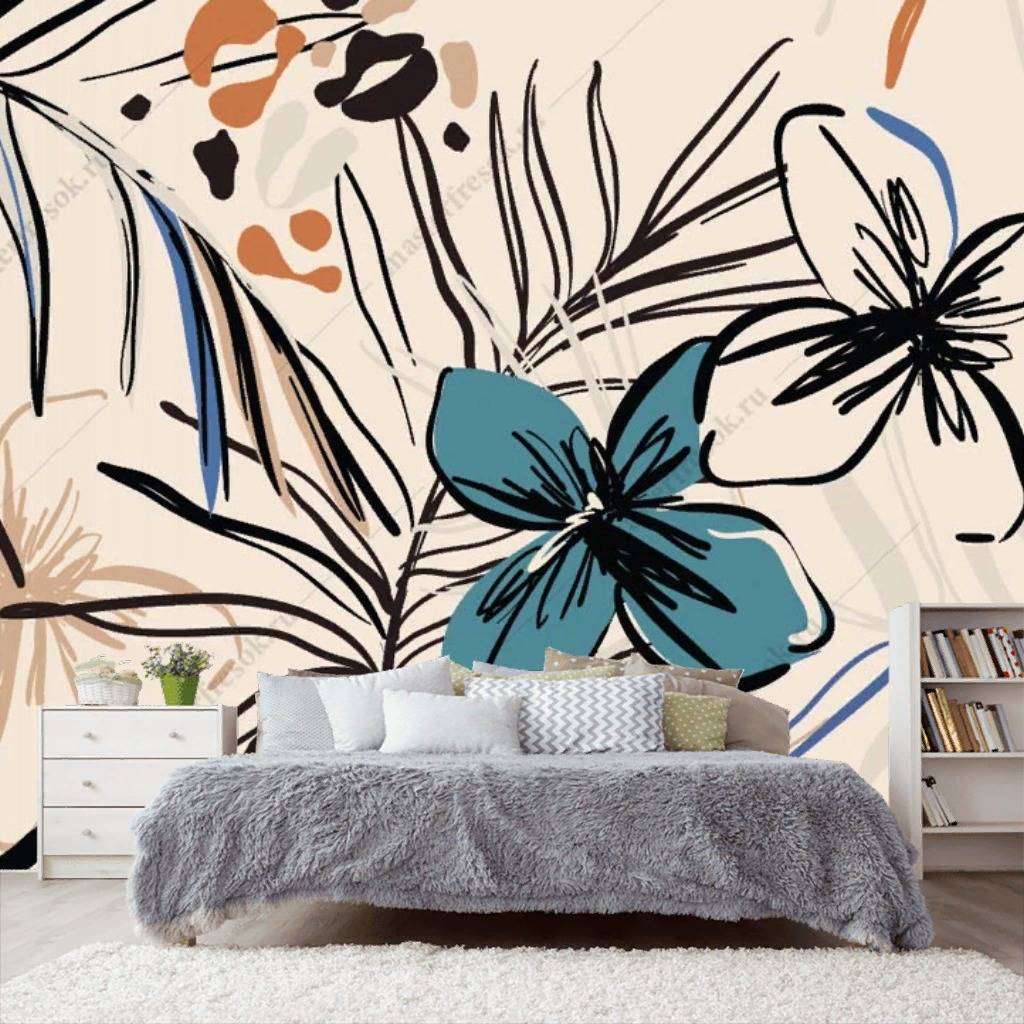 Фотообои в интерьере цветы на бежевом фоне  9-1120 фото