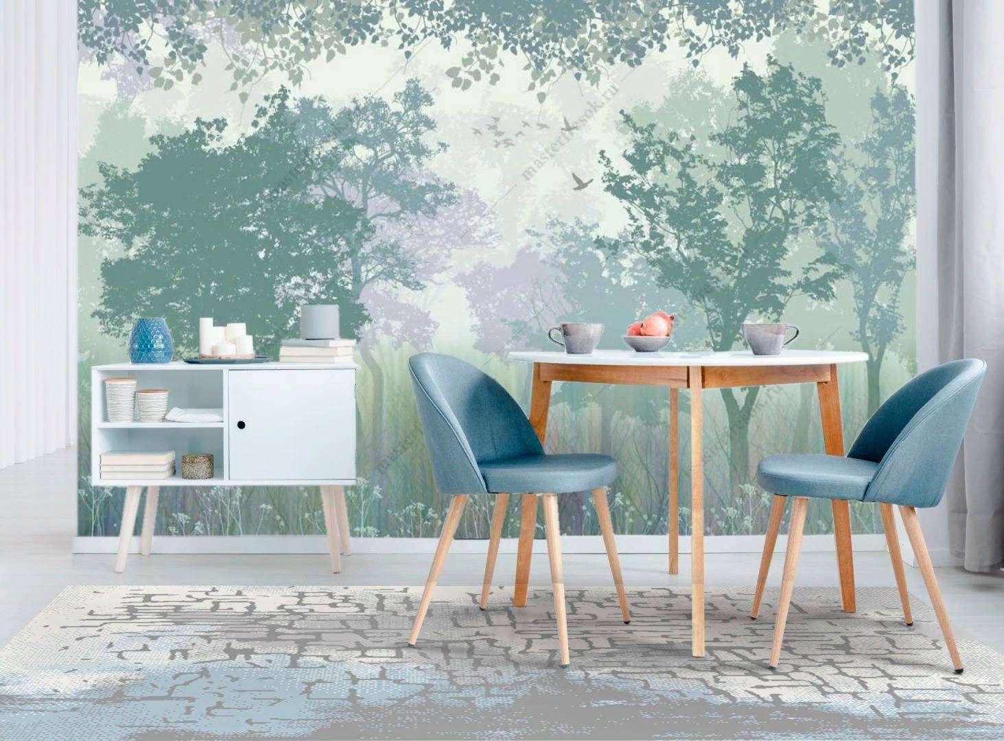 Фотообои в интерьере силуэты туманного леса  14-131 фото