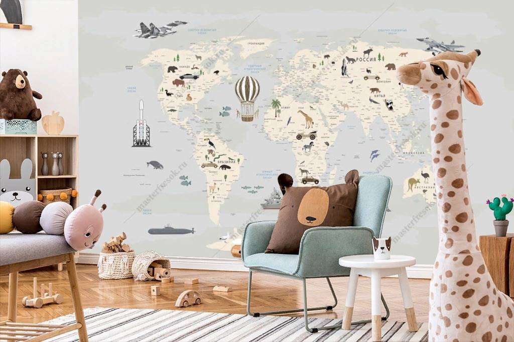 Фотообои в интерьере карта мира и военная техника  12-1185 фото
