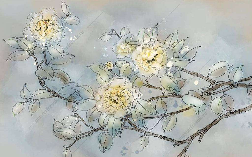 Фотообои в интерьере объемные цветы на ветке  15-975 фото