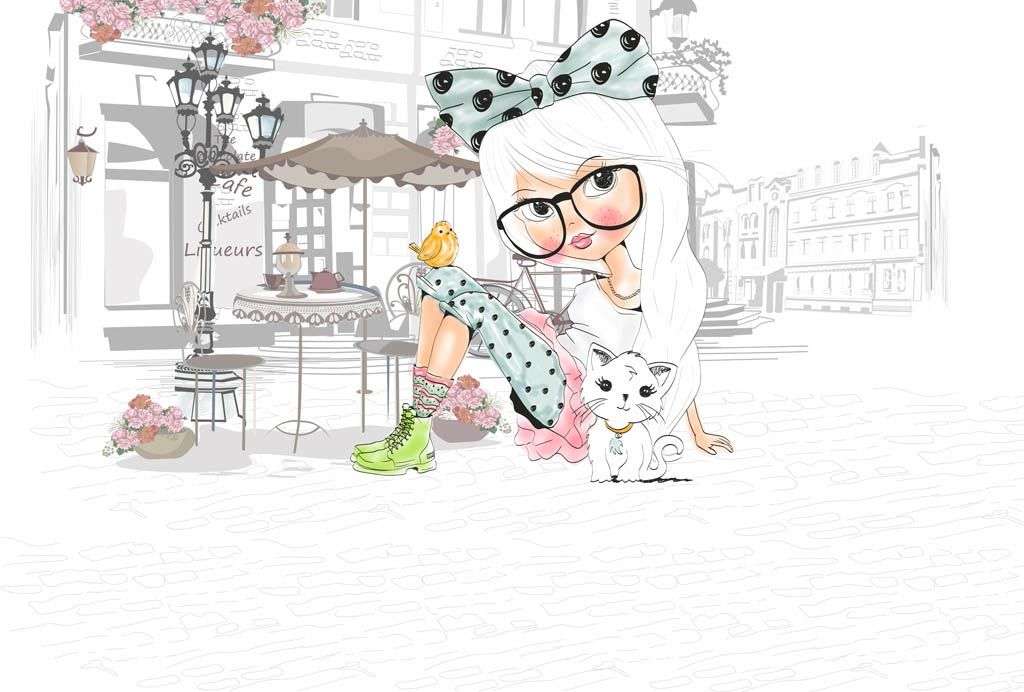 Фотообои в интерьере модная девочка в кафе  14-274 фото