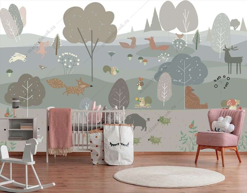Фотообои в интерьере полянка с животными рисунок  12-1512 фото