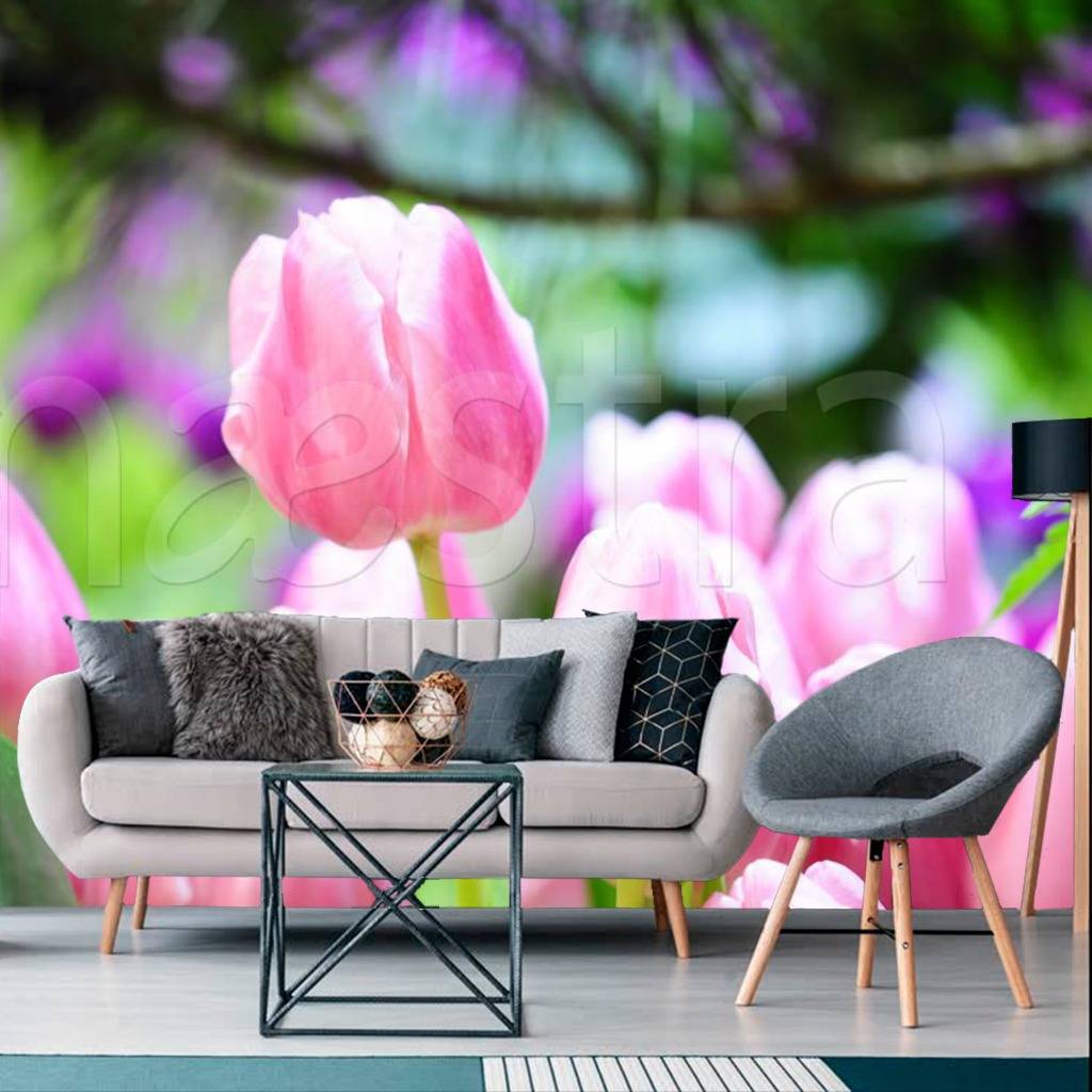 Фотообои розовые тюльпаны 3д в поле  3-163