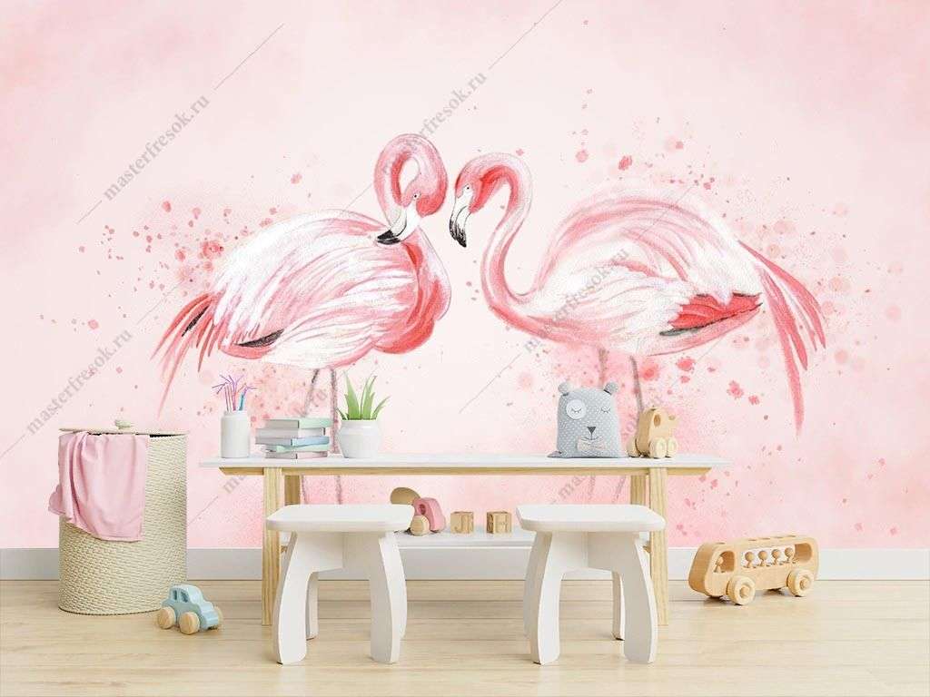 Фотообои в интерьере акварельный фламинго  14-324 фото