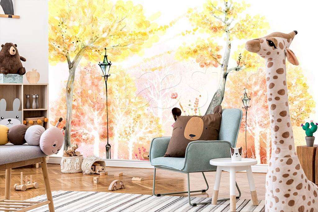 Фотообои в интерьере осенний лес и фонарь  12-312 фото