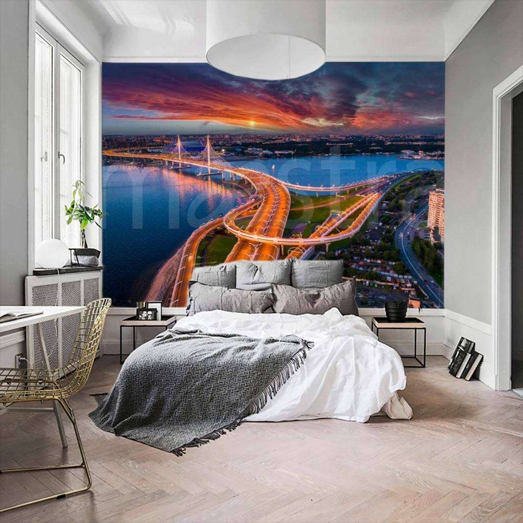 Фотообои в интерьере мост ночью в питере  9-688 фото