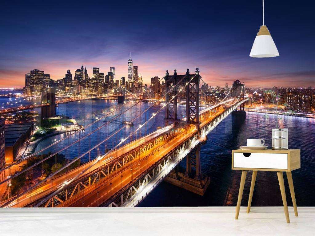 Фотообои в интерьере ночной мост нью йорка с подсветкой  9-819 фото